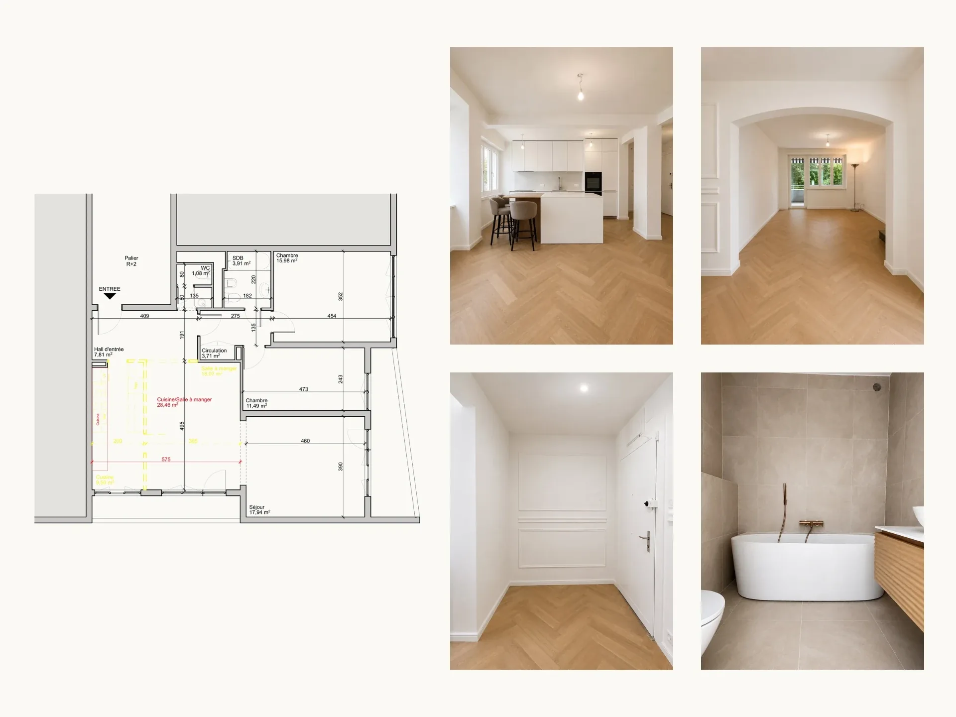 Plan de projet et photographies après travaux d'un appartement rénové à Champel, Genève